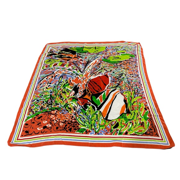 L’atelier de soierie Accessories - L’Atelier De Soierie Lyon 100% silk scarf floral orange green dragonfly lily pad